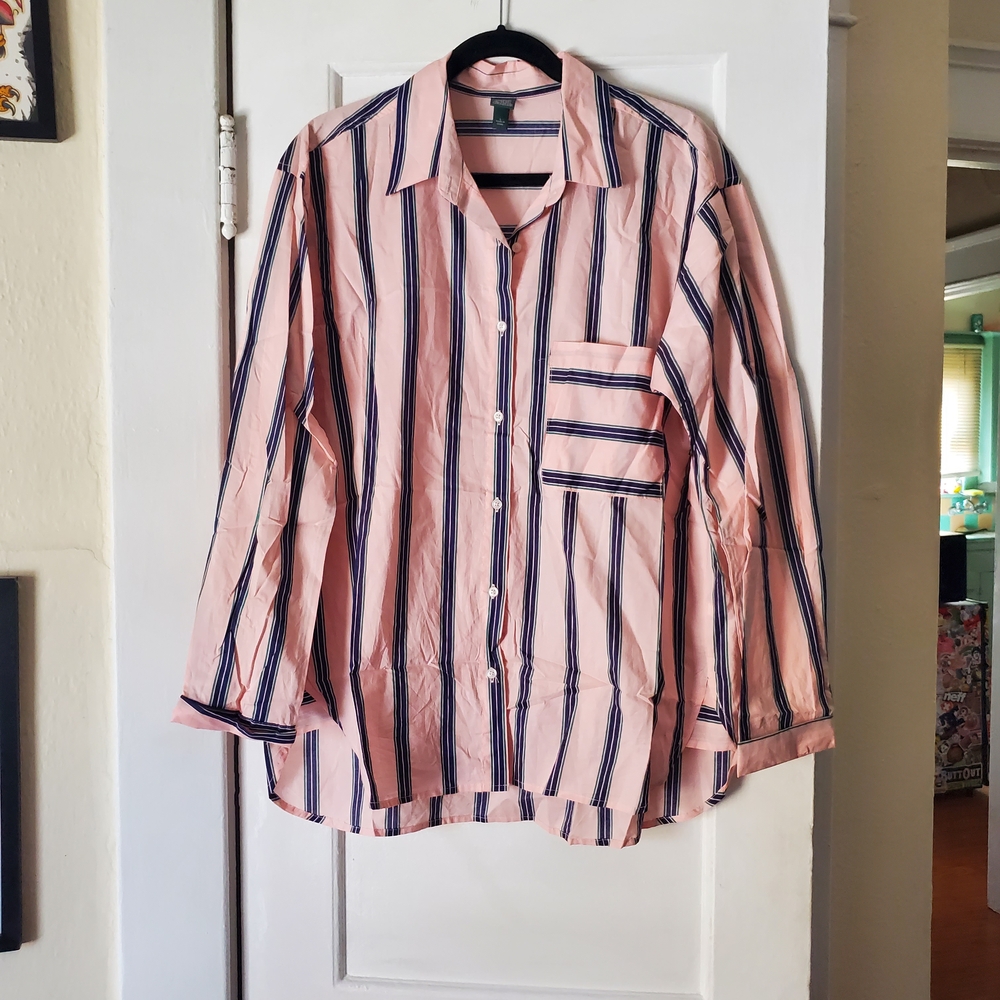 Wild Fable Women's Pink and Navy Striped Button-Down Shirt